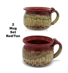 two mugs sitting side by side on top of each other, one red and the other brown