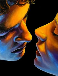 a painting of two people facing each other