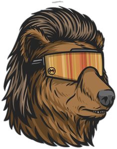 a brown bear wearing a pair of glasses on it's head with an orange and yellow striped band around its eyes