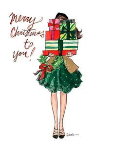 a drawing of a woman carrying presents on her back with the words merry christmas to you