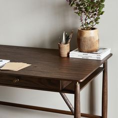 a wooden table topped with books and a potted plant