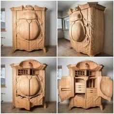 four different views of a carved wooden cabinet