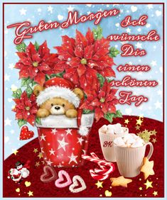 a christmas card with a teddy bear in a cup