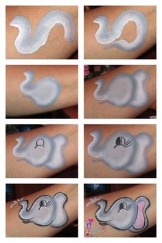 Step by Step Elephant Cheek/Hand Painting. (Diy Step Simple) Elephant Face Paint, Step By Step Face Painting, Easy Face Painting Designs, Animal Face Paintings, Bodysuit Tattoos, Painting Elephant, Christmas Face Painting