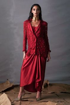 Shop for AK-OK Red Silk Draped Blazer And Skirt Set for Women Online at Aza Fashions