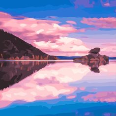 a painting of a lake with mountains and clouds in the background at sunset or dawn