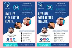 two blue and white flyers with images of women in sports bras, one has the words live life with better health