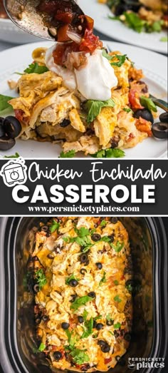 chicken enchilada casserole with black olives and sour cream on top