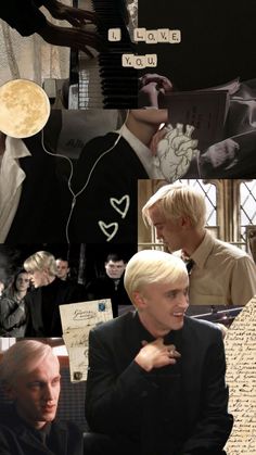 the collage has many different images and words on it, including two men in black suits