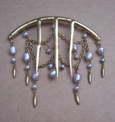 Victorian Pearl Dangles Hair Comb Algerian Moorish Style Hair Accessory Beautiful Hair, Gold Bracelet