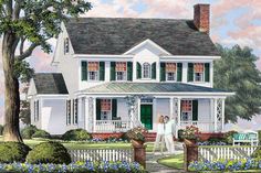 a painting of two people standing in front of a white house with green shutters