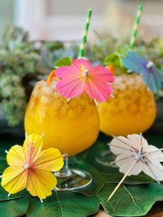 two glasses filled with drinks sitting on top of a green leaf covered table next to each other