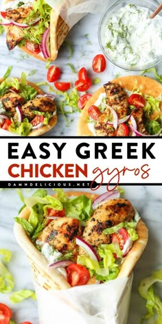 easy greek chicken gyros with lettuce and tomatoes