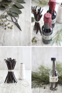 four different shots of various items including scissors, spools and thread on the table