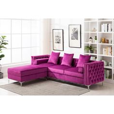 a living room with a purple couch and bookshelves