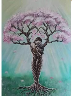 a painting of a tree with pink flowers and a person hugging it's trunk