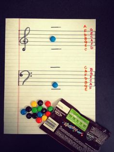 a sheet of paper with music notes and candy