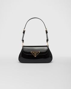 Prada Collection, Patent Leather Bag, Prada Shoulder Bag, Small Shoulder Bags, Prada Leather, Curved Lines, Leather Bag Women