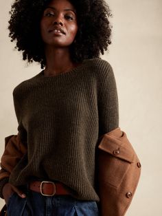 Lucia Cashmere Ribbed Sweater | Banana Republic Fashion Inspo 2023, Green Clothes, Fisherman Style, Oc Character, Knit Stitches, Cashmere Yarn, Pant Suit, Women's Sweaters, Winter Clothing