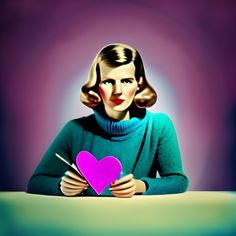 a woman sitting at a table with a heart in front of her and holding a stick