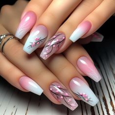 Nails Acrylic Pink And White, Pink Nail Polish Ideas, Pink On Pink French Nails, Nails Acrylic Designs, Fancy Nail Art, Floral Nail Designs, Nail Polish Ideas, Ombre Nail Designs