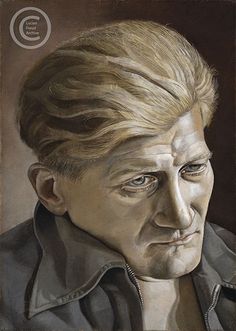 a painting of a man with blonde hair and blue shirt looking to his left side