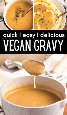 a spoon full of vegan gravy being drizzled over it