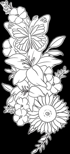 a bunch of flowers that are drawn in black and white