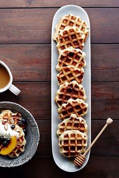 waffles and coffee on a wooden table