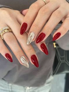 Red Color Nail Designs Art Ideas, Red Nails With 3d Design, Red Nail Simple Design, 2 Hands Different Color Nails, Simple Red Nails Designs, Red Designs Nails, Red Nails With Art, Red Nails Inspo Almond, Nails Red Design Ideas