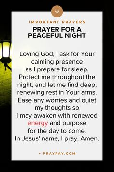 a prayer card with the words prayer for a peaceful night