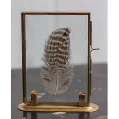 a feather is reflected in a mirror on a table with a gold frame and metal stand