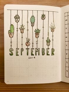 an open notebook with plants and numbers on the pages that spell out the word, september