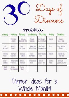 the 30 days of dinner menu for a whole month