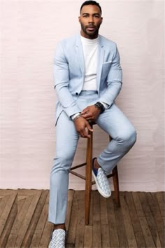 Sky Blue Wool One Button Formal Business Men Suit for Prom | Allaboutsuit Prom Suit Ideas, Wedding Suit Ideas, Sky Blue Wedding, Blue Wedding Suit, Suit For Prom, Summer Wedding Suits, Stylish Mens Suits, Prom Suit, Men's Business Suits