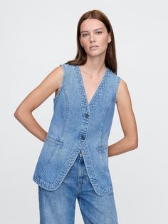 Longline Denim Vest | Gap Women Shirt Top, Water Saving, Women's Blouses, Gap Denim, Denim Vest, Women's Tops, Long A Line, Recycled Cotton, Welt Pockets