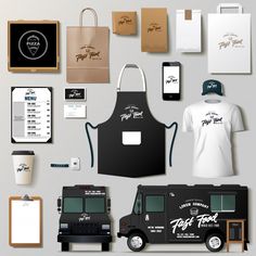 an assortment of corporate identity and branding design for food truck or coffee shop, including t - shirts, aprons