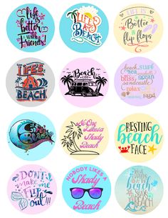 six stickers with different types of words and phrases in the shape of round shapes