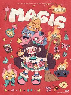 an illustration of a girl holding a broom and surrounded by other cartoon characters on a red background