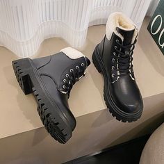 Vanessas Women's Winter Snow Boots - Fluffy Flange, Non-Slip PU, Lace-Up Ankle Boot for Warm & Comfortable Footwear - Black,8.5 Chunky Heel Boots, Dark Academia Clothes, Academia Clothes, Fairycore Clothes, Comfortable Footwear, Cottagecore Outfits, Chunky Heels Boots, Kawaii Dress, Platform Heels Chunky