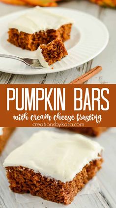 pumpkin bars with cream cheese frosting are on white plates and one is cut in half