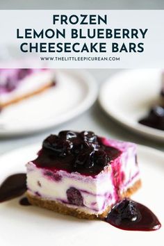 a piece of frozen lemon blueberry cheesecake bars on a plate