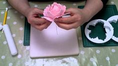 a person holding a pink flower on top of a cutting board next to scissors and paper