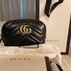 I Have Never Used This As A Cosmetic Bag, I Used It As A Clutch. Fits Phone, Small Wallet And Keys. Stain,Odor Free- The Bag Was Used Probably Twice. I Have The Receipt, Bag, All The Packaging It Came With. Open To Trades Show Me What You Got .. **Discontinued Gucci Item** Hard To Find. Additional Pics Upon Request. Gucci Marmont, Gucci Black, Small Wallet, Gucci Bags, Trade Show, Cosmetic Bags, Cosmetic Bag, Stain, Bag Lady