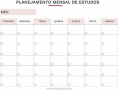 a pink and white calendar with the words planjamento metal de estudios