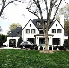 a large white house sitting on top of a lush green field next to a tree