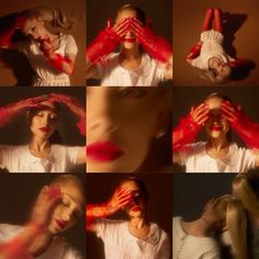 a collage of photos with woman's hands covering her face and eyes, all in red