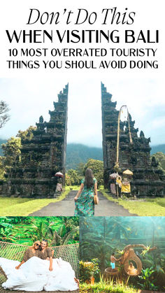 a woman laying on top of a lush green field next to a stone structure with text that reads, don't do this when visiting bali 10 most overrated touristy things you should avoid