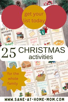 the 25 christmas activities for kids with text overlay that reads, get your list today