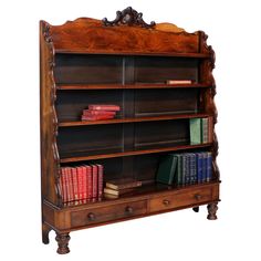 an old wooden bookcase with many books on it